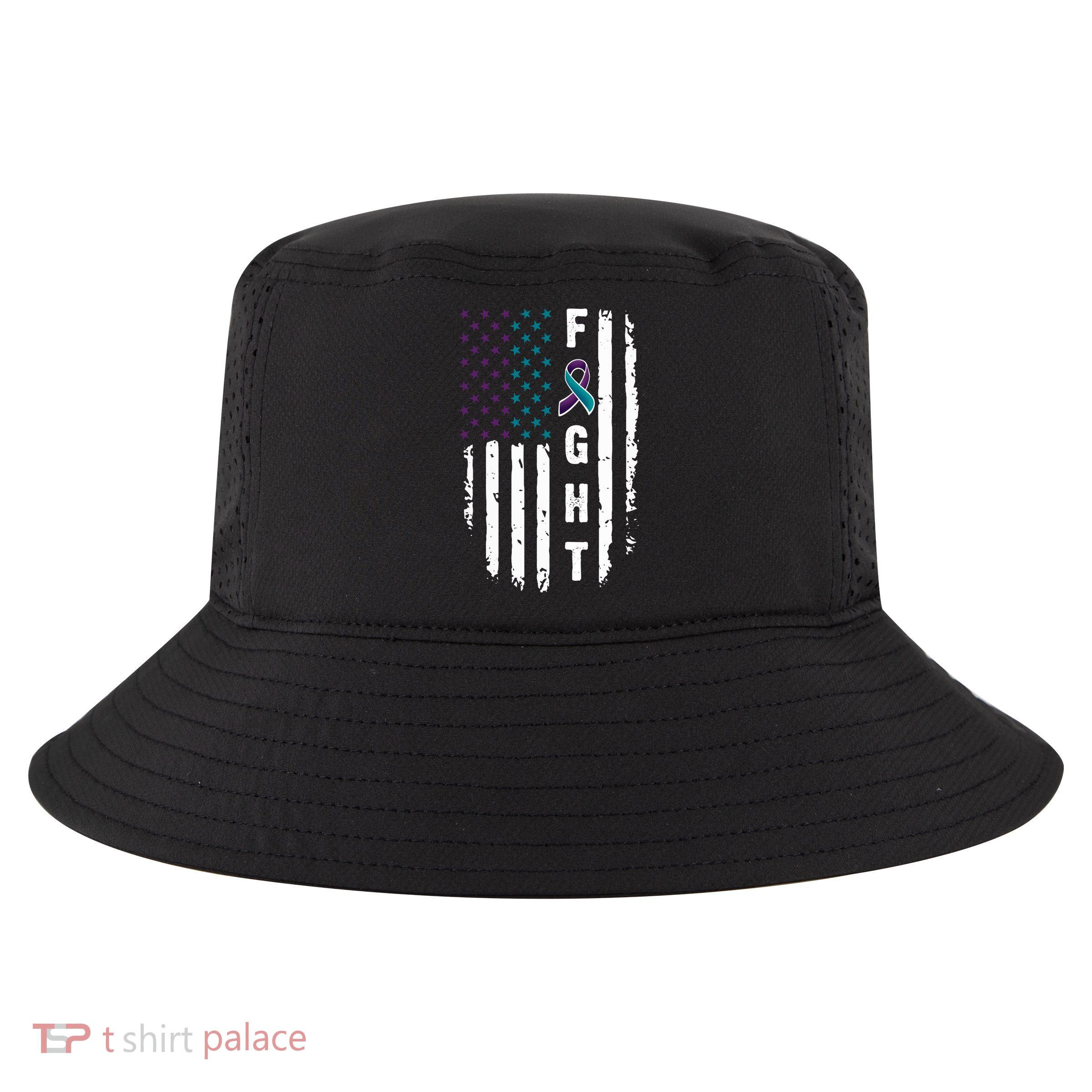 Fight Suicide Prevention Teal Purple Ribbon US Flag Cool Comfort Performance Bucket Hat