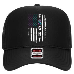 Fight Suicide Prevention Teal Purple Ribbon US Flag High Crown Mesh Back Trucker Hat