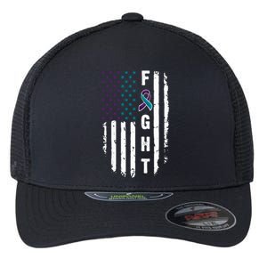 Fight Suicide Prevention Teal Purple Ribbon US Flag Flexfit Unipanel Trucker Cap