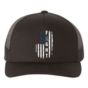 Fight Suicide Prevention Teal Purple Ribbon US Flag Yupoong Adult 5-Panel Trucker Hat