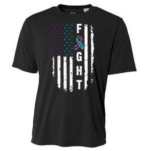 Fight Suicide Prevention Teal Purple Ribbon US Flag Cooling Performance Crew T-Shirt