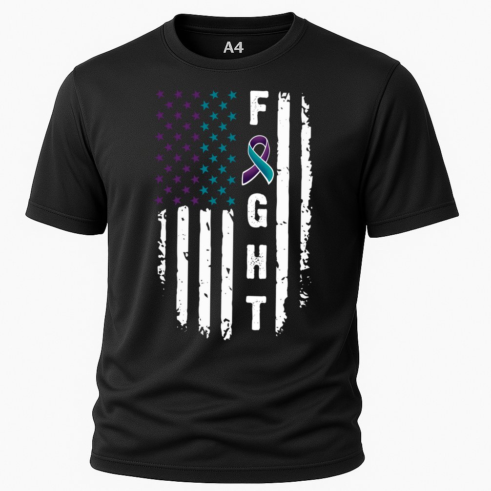 Fight Suicide Prevention Teal Purple Ribbon US Flag Cooling Performance Crew T-Shirt