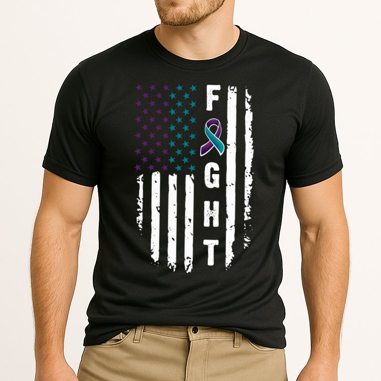 Fight Suicide Prevention Teal Purple Ribbon US Flag Cooling Performance Crew T-Shirt