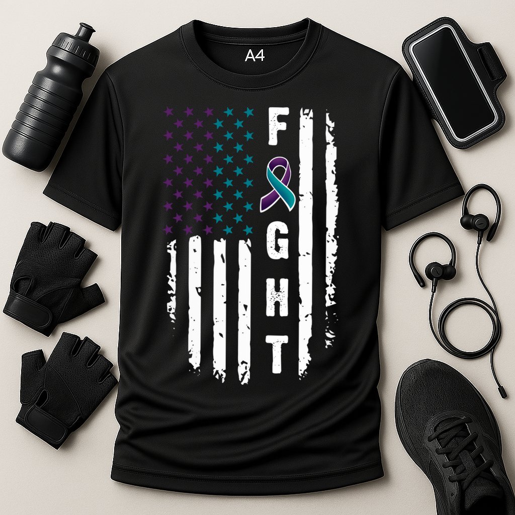 Fight Suicide Prevention Teal Purple Ribbon US Flag Cooling Performance Crew T-Shirt