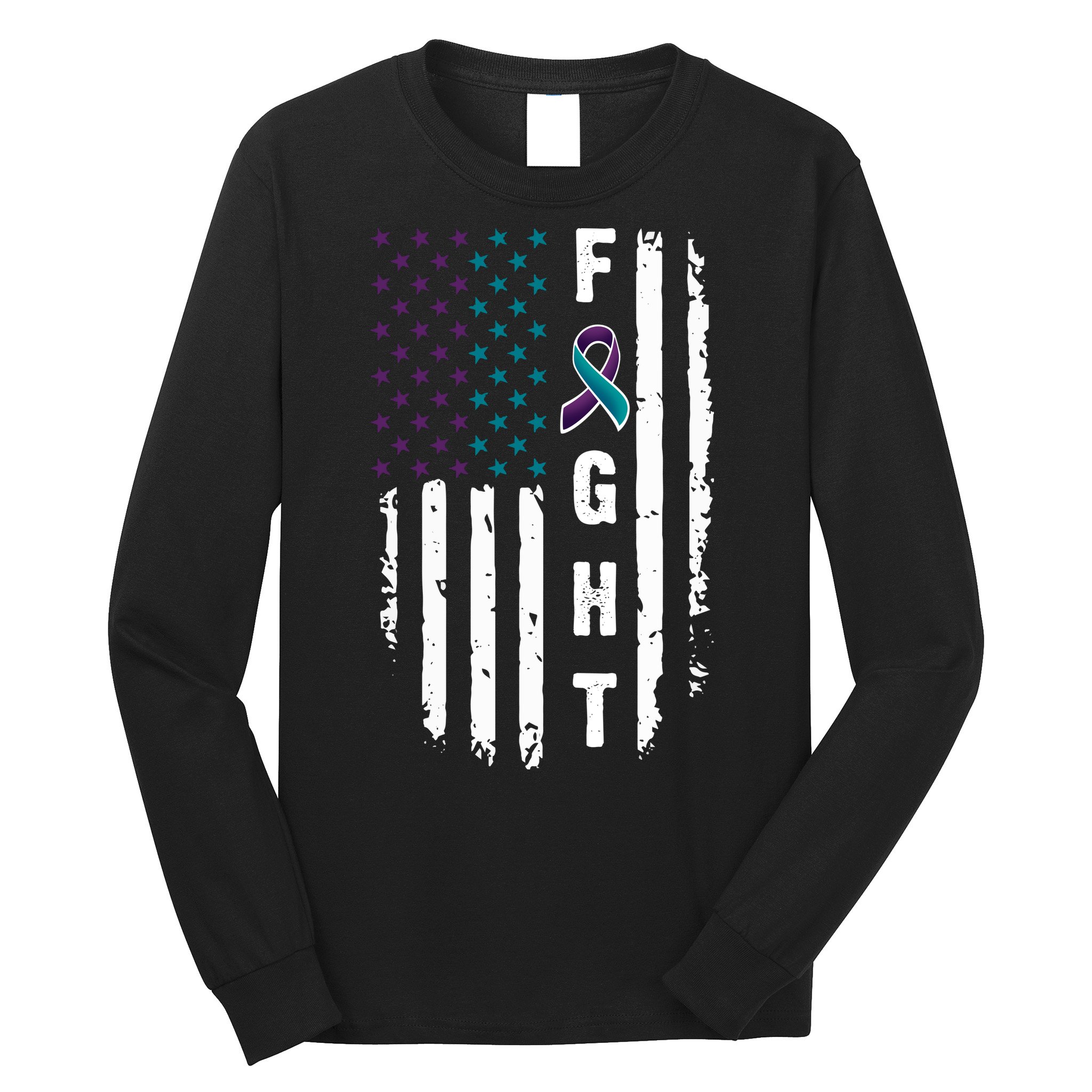 Fight Suicide Prevention Teal Purple Ribbon US Flag Long Sleeve Shirt