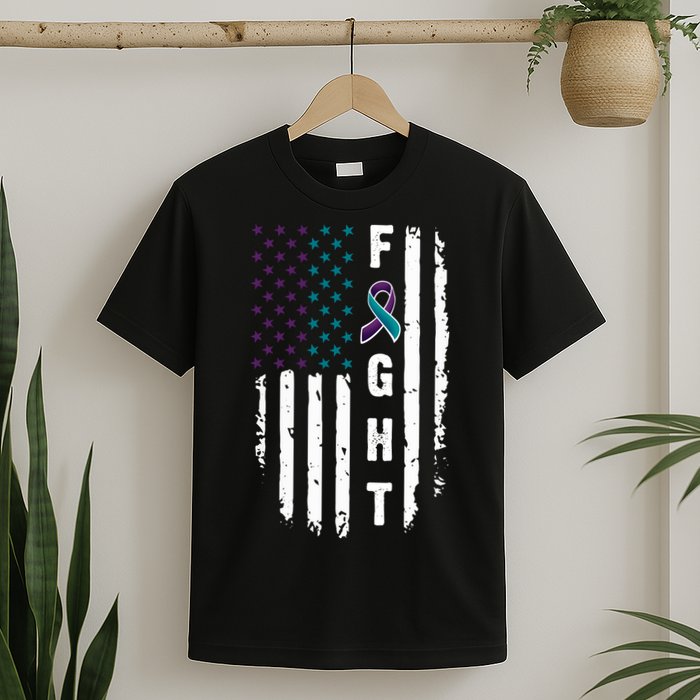 Fight Suicide Prevention Teal Purple Ribbon US Flag T-Shirt