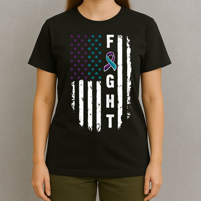Fight Suicide Prevention Teal Purple Ribbon US Flag T-Shirt