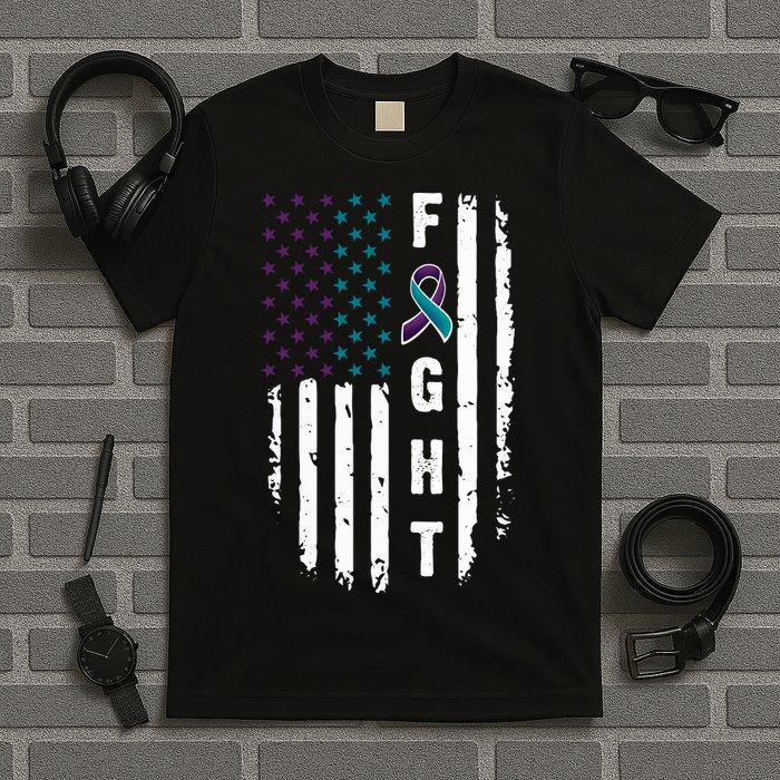 Fight Suicide Prevention Teal Purple Ribbon US Flag T-Shirt