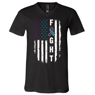 Fight Suicide Prevention Teal Purple Ribbon US Flag V-Neck T-Shirt