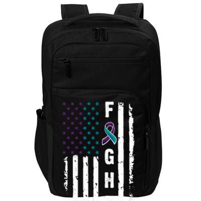 Fight Suicide Prevention Teal Purple Ribbon US Flag Impact Tech Backpack