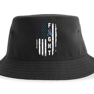 Fight Suicide Prevention Teal Purple Ribbon US Flag Sustainable Bucket Hat