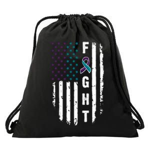 Fight Suicide Prevention Teal Purple Ribbon US Flag Drawstring Bag