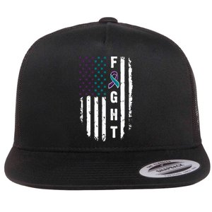 Fight Suicide Prevention Teal Purple Ribbon US Flag Flat Bill Trucker Hat