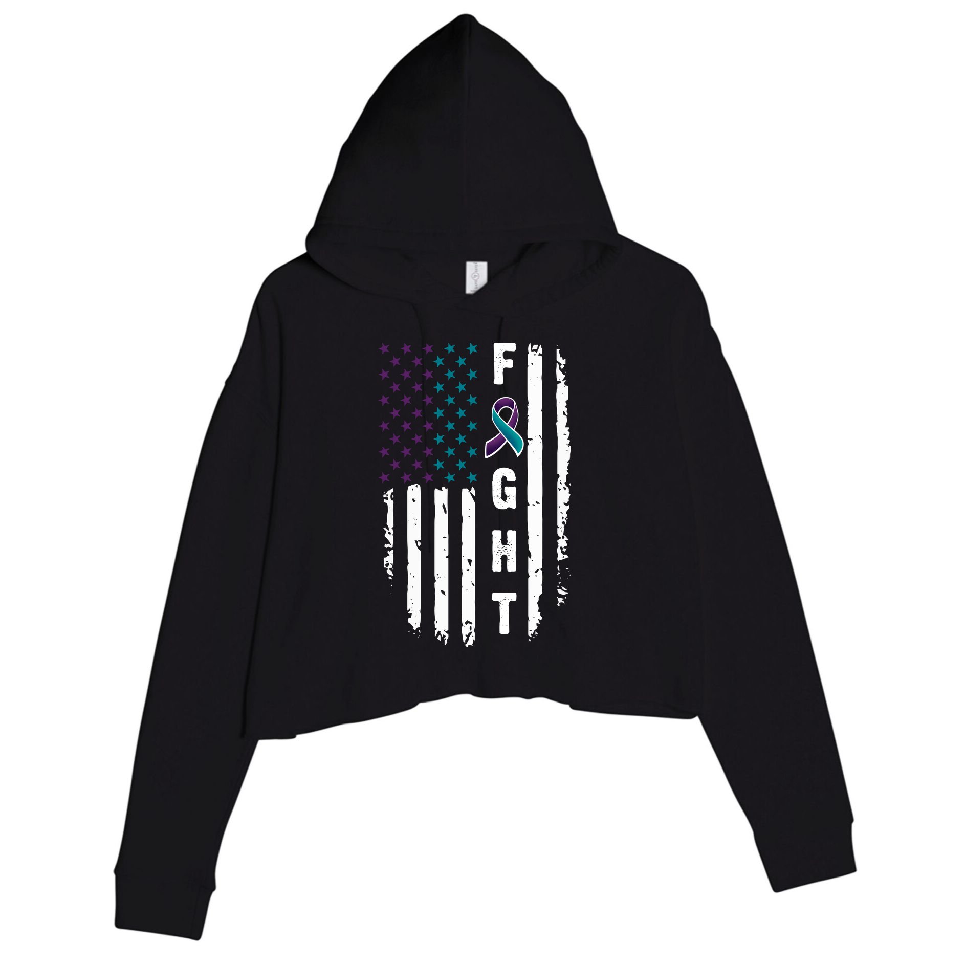 Fight Suicide Prevention Teal Purple Ribbon US Flag Crop Fleece Hoodie