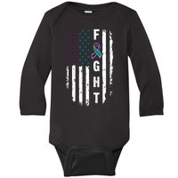 Fight Suicide Prevention Teal Purple Ribbon US Flag Baby Long Sleeve Bodysuit