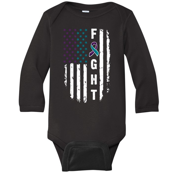 Fight Suicide Prevention Teal Purple Ribbon US Flag Baby Long Sleeve Bodysuit