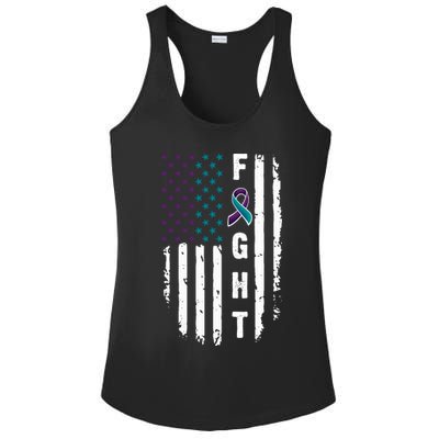 Fight Suicide Prevention Teal Purple Ribbon US Flag Ladies PosiCharge Competitor Racerback Tank