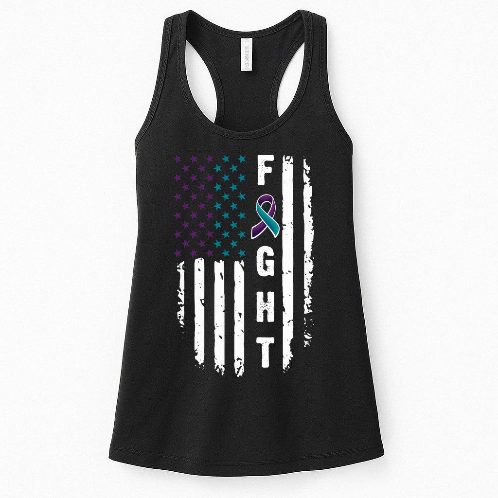 Fight Suicide Prevention Teal Purple Ribbon US Flag Womens Tank Top
