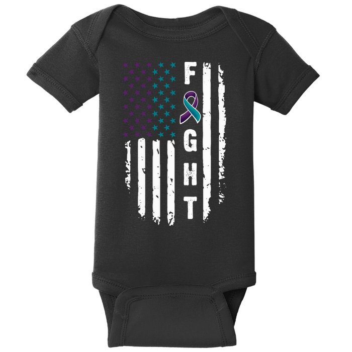 Fight Suicide Prevention Teal Purple Ribbon US Flag Baby Bodysuit