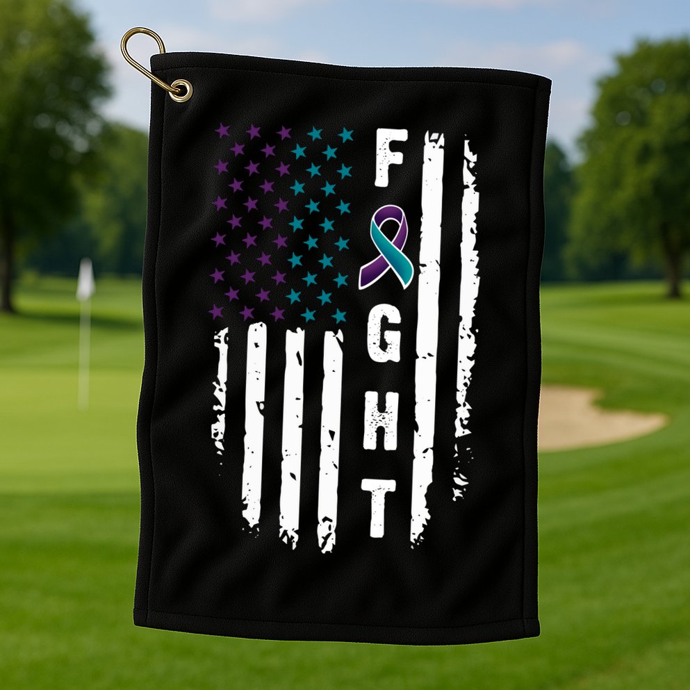 Fight Suicide Prevention Teal Purple Ribbon US Flag Golf Towel