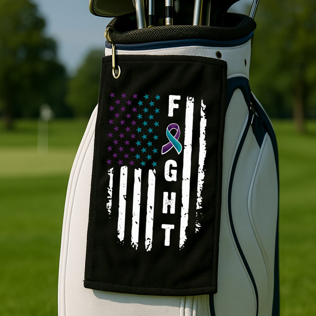 Fight Suicide Prevention Teal Purple Ribbon US Flag Golf Towel