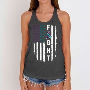 Fight Suicide Prevention Teal Purple Ribbon US Flag Women's Knotted Racerback Tank