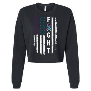 Fight Suicide Prevention Teal Purple Ribbon US Flag Cropped Pullover Crew