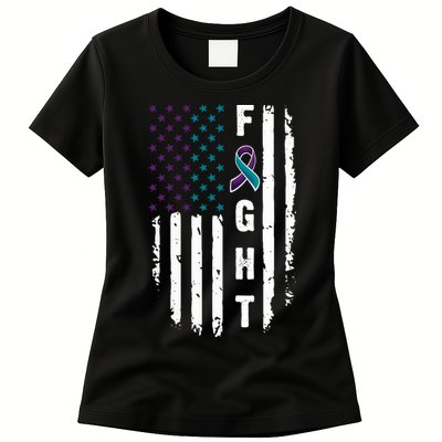 Fight Suicide Prevention Teal Purple Ribbon US Flag Womens T-Shirt