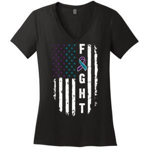 Fight Suicide Prevention Teal Purple Ribbon US Flag Women's V-Neck T-Shirt