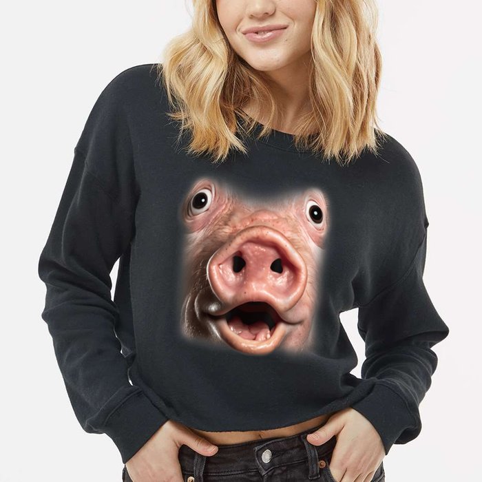 Funny Surprised Pig Face Meme Big Troll Hog Piggy Face Cropped Pullover Crew