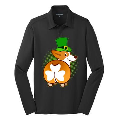 Funny St Patrick's Day Shamrock Corgi Butt Silk Touch Performance Long Sleeve Polo