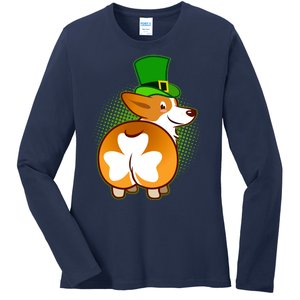 Funny St Patrick's Day Shamrock Corgi Butt Ladies Long Sleeve Shirt