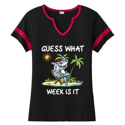 Funny Shark Party Beach Guess What Week Is It Lover Shark Ladies Halftime Notch Neck Tee