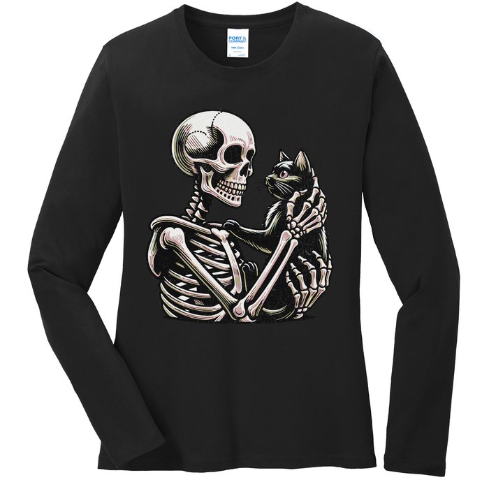 Funny Skeleton Playing With Cat Cute Design Ladies Long Sleeve Shirt