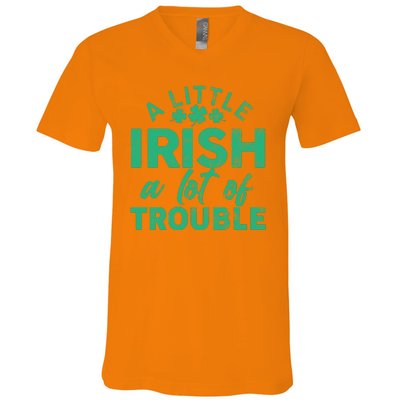 Funny St Patricks Day A Little Irish A Lot Of Trouble V-Neck T-Shirt