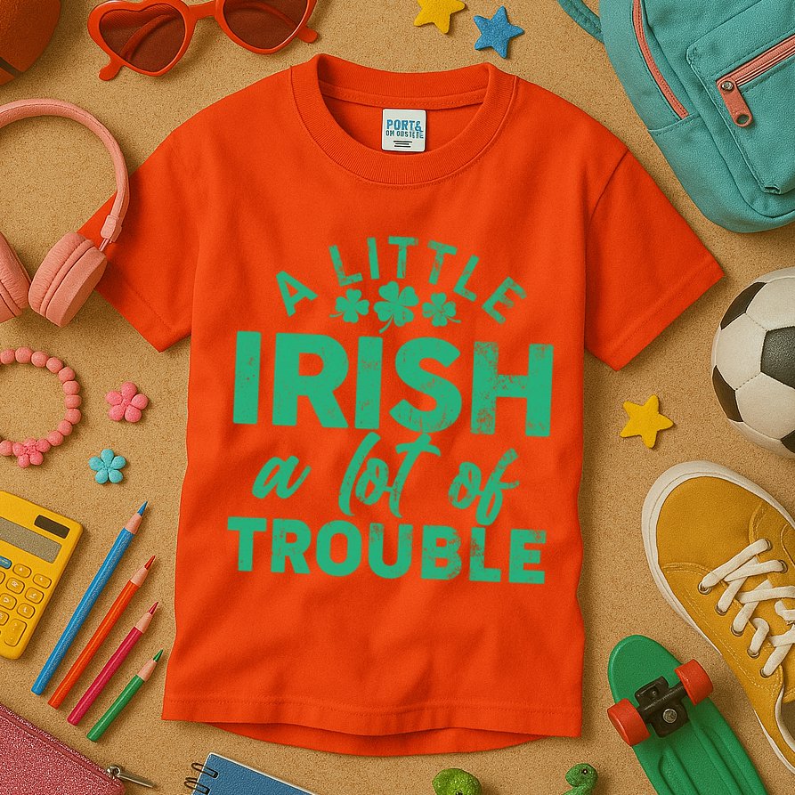 Funny St Patricks Day A Little Irish A Lot Of Trouble Kids T-Shirt