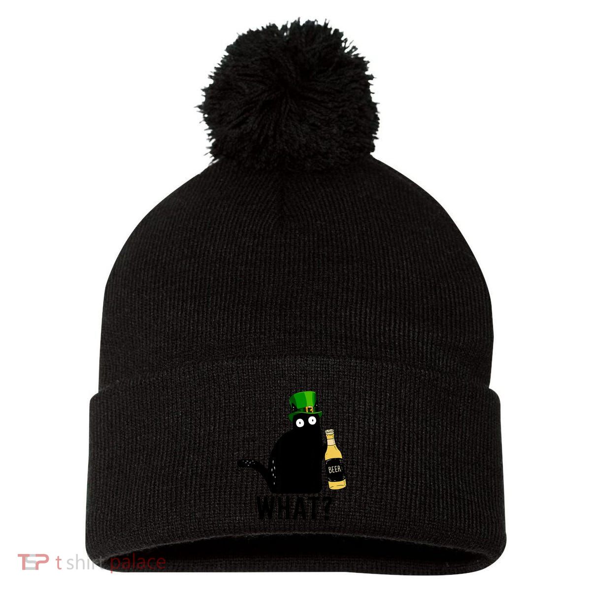 Funny St Patricks Day Black Cat Pattys Day Cat What Drinking Beer Gift Pom Pom 12in Knit Beanie