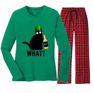 Funny St Patricks Day Black Cat Pattys Day Cat What Drinking Beer Gift Women's Long Sleeve Flannel Pajama Set 