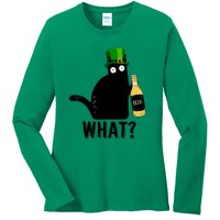 Funny St Patricks Day Black Cat Pattys Day Cat What Drinking Beer Gift Ladies Long Sleeve Shirt