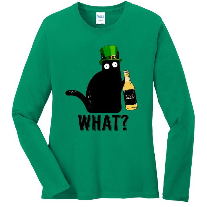 Funny St Patricks Day Black Cat Pattys Day Cat What Drinking Beer Gift Ladies Long Sleeve Shirt