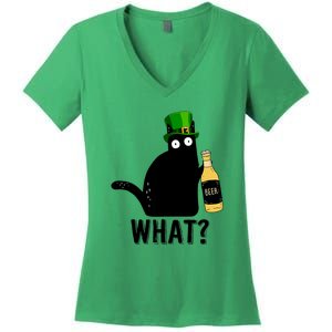 Funny St Patricks Day Black Cat Pattys Day Cat What Drinking Beer Gift Women's V-Neck T-Shirt