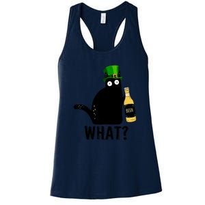 Funny St Patricks Day Black Cat Pattys Day Cat What Drinking Beer Gift Women's Racerback Tank