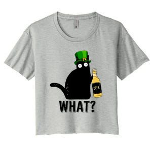 Funny St Patricks Day Black Cat Pattys Day Cat What Drinking Beer Gift Women's Crop Top Tee