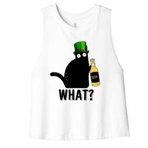 Funny St Patricks Day Black Cat Pattys Day Cat What Drinking Beer Gift Women's Racerback Cropped Tank