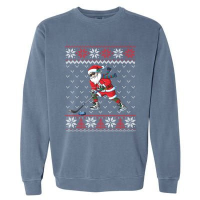 Funny Santa Playing Hockey Christmas Ugly Sweater Gift Garment-Dyed Sweatshirt