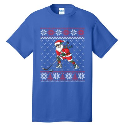 Funny Santa Playing Hockey Christmas Ugly Sweater Gift Tall T-Shirt