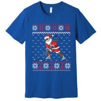 Funny Santa Playing Hockey Christmas Ugly Sweater Gift Premium T-Shirt