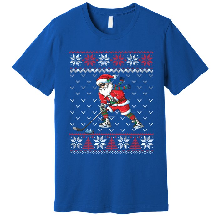 Funny Santa Playing Hockey Christmas Ugly Sweater Gift Premium T-Shirt