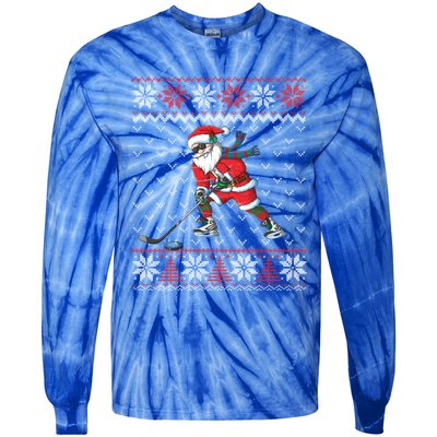 Funny Santa Playing Hockey Christmas Ugly Sweater Gift Tie-Dye Long Sleeve Shirt