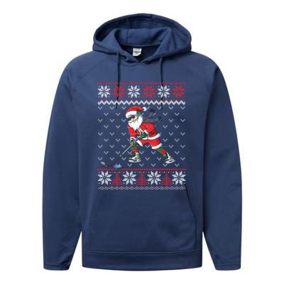 Funny Santa Playing Hockey Christmas Ugly Sweater Gift Performance Fleece Hoodie